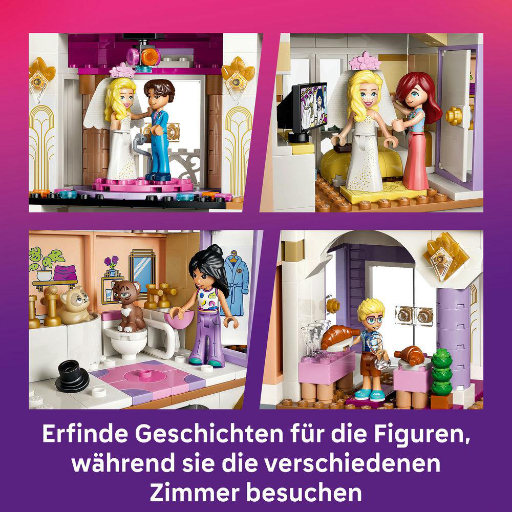 Vier Szenen aus einem Lego-Set mit Figuren in verschiedenen Räumen.