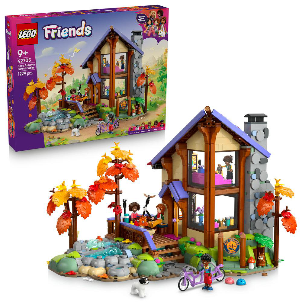 Lego Friends Waldhütte mit Herbstbäumen, Figuren und Fahrrädern.
