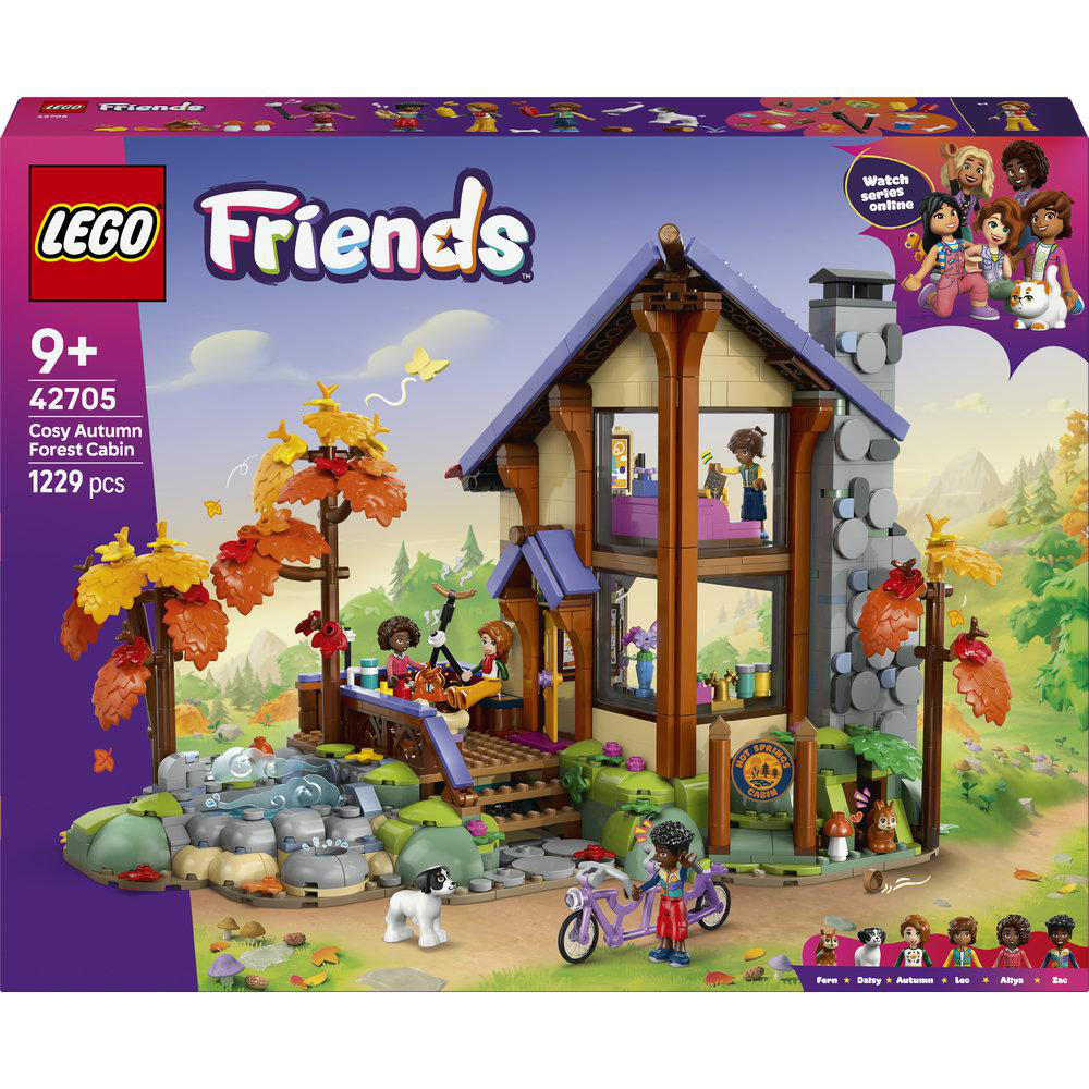 Ein Lego Friends Herbstwaldhaus mit Figuren, einem Hund, einem Fahrrad und Bäumen.