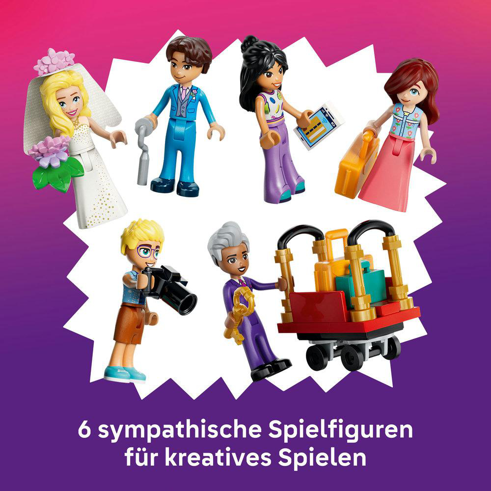 Sechs Lego-Figuren: Braut, Bräutigam, Frau m. Tablet, Frau m. Tasche, Mann m. Kamera, Mann m. Wagen.