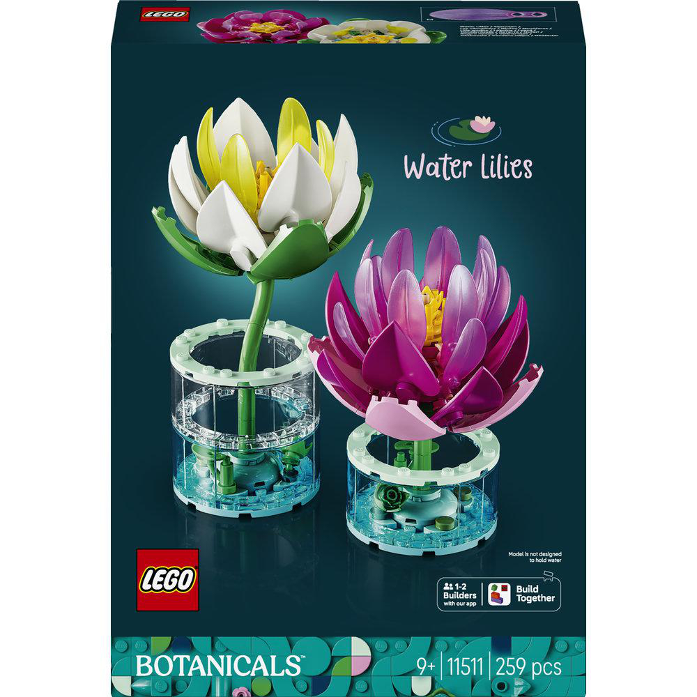 LEGO Seerosen-Set-Box mit zwei gebauten Seerosen, eine weiß, eine pink.