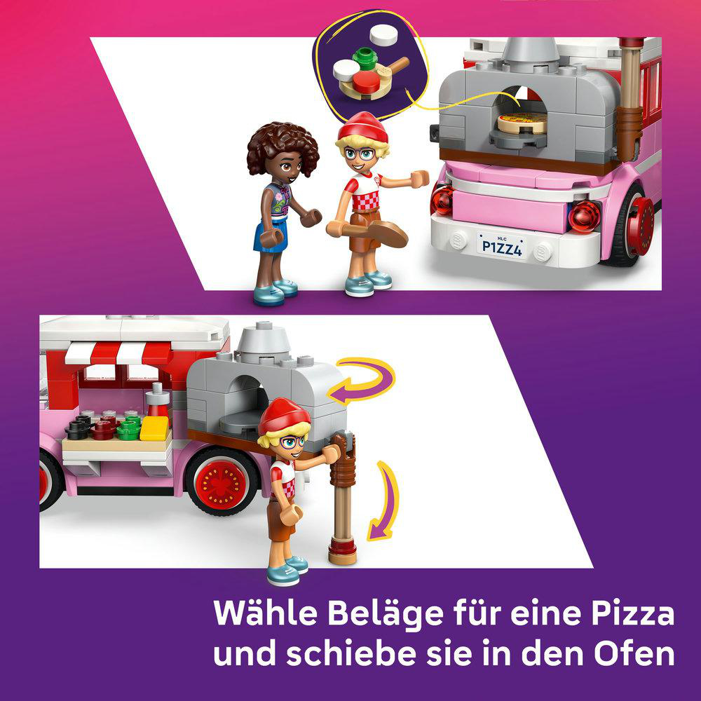 Zwei LEGO-Figuren am Pizzaauto mit Ofen und Zutaten.