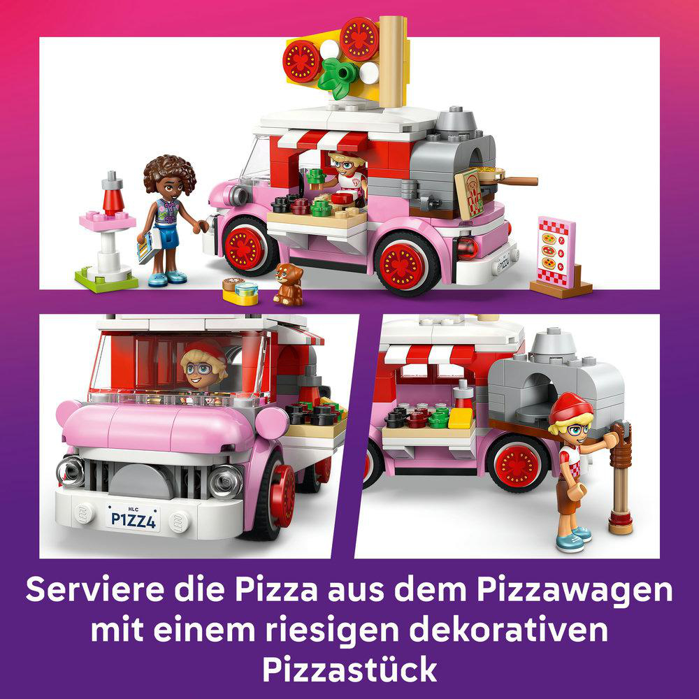 LEGO Friends Pizzawagen mit zwei Figuren, Hund und Pizzazubehör. Mit pinkem Wagen.