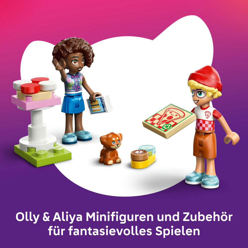 Zwei Lego-Figuren, ein Hund und Zubehör vor einem weißen und bunten Hintergrund.