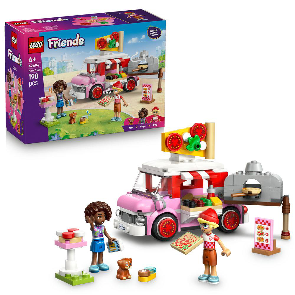 Ein rosa LEGO Pizza-Truck mit Figuren und Ofen, dazu eine Box mit Beschriftung.