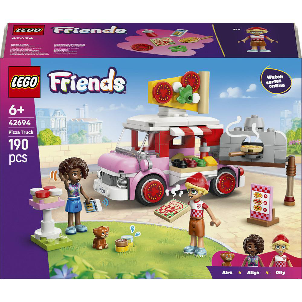 Ein Lego Friends Pizzawagen-Set mit Figuren, Zubehör und einem Ofen.