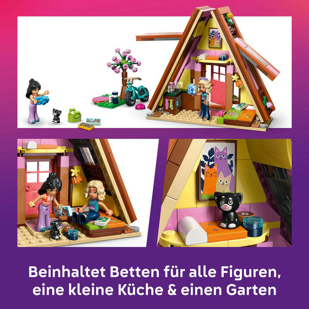 Spielfiguren bauen eine Hütte mit Fahrrad und Garten.