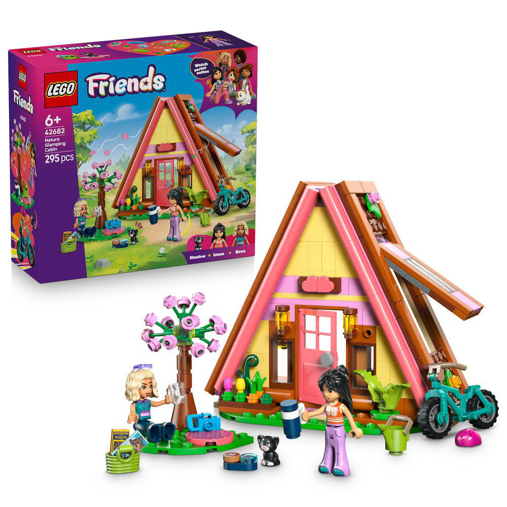 Ein Lego Friends Glamping-Hütte-Set mit Figuren, Fahrzeugen und Zubehör.