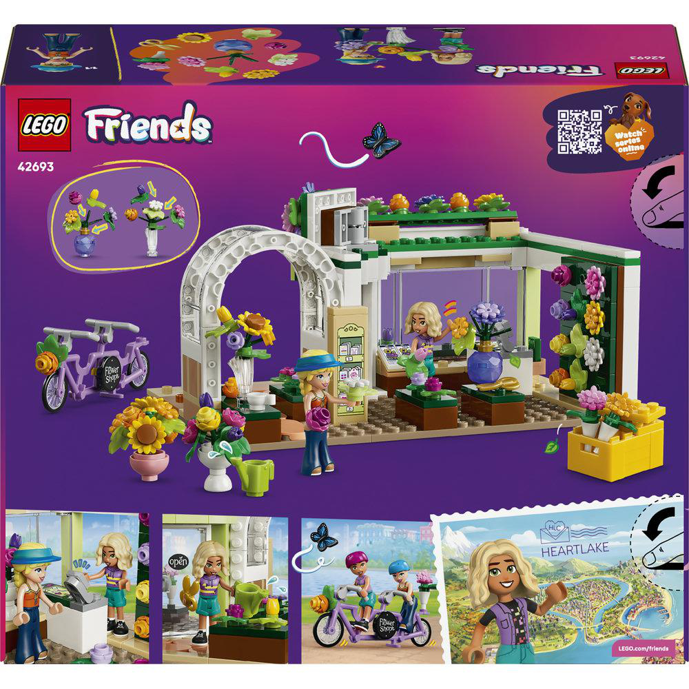 LEGO Friends Blumenladen-Set mit Figuren, Fahrrädern und Blumen.