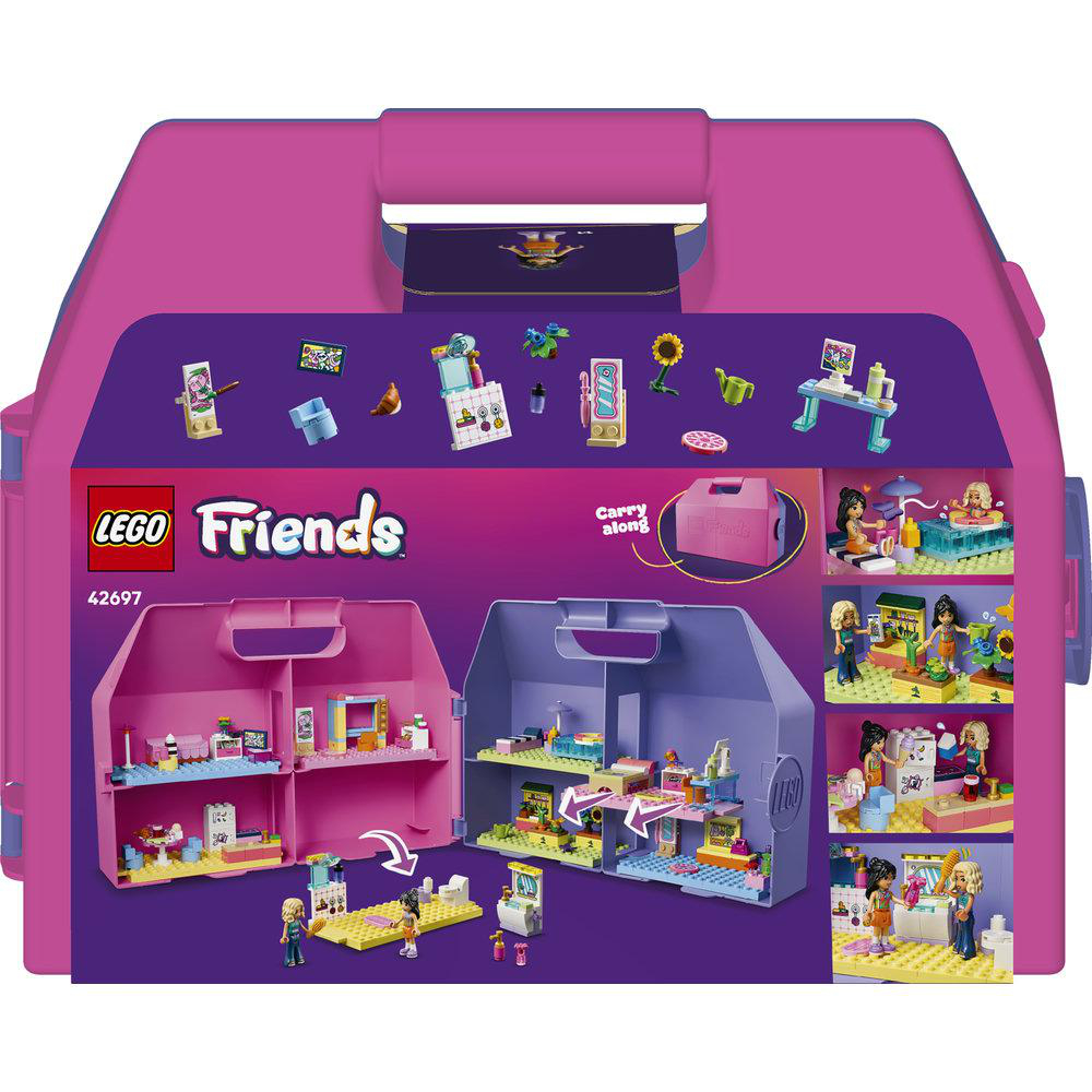 Der LEGO Friends Koffer zeigt zwei Spielsets, die sich öffnen lassen, und Mini-Puppen.