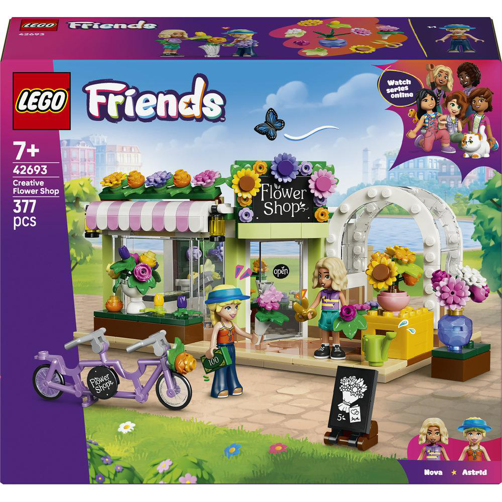 LEGO Friends Blumenladen-Set mit zwei Spielfiguren und Fahrrad.