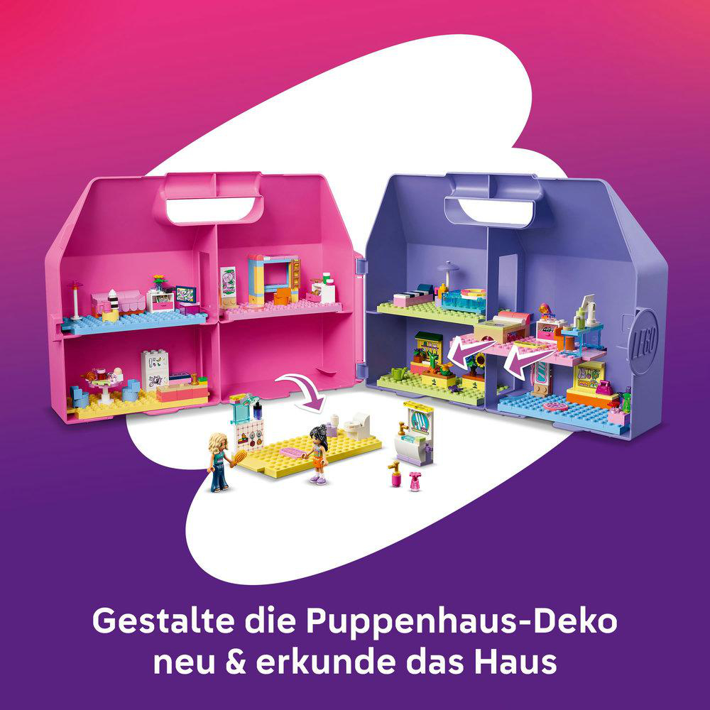 Zwei offene Spielzeug-Puppenhäuser, pink und lila, mit kleinen Figuren und Möbeln.
