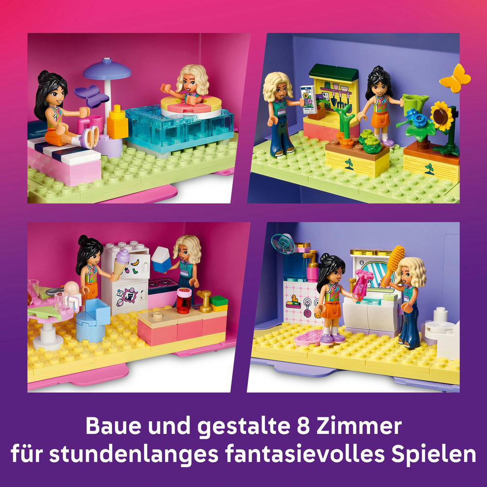 Vier Lego Friends Szenen: Mädchen spielen, ein Raum mit Pflanzen, eine Küche, ein Bad.