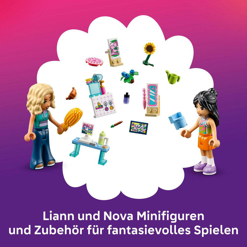 Zwei LEGO-Figuren, Lianna und Nova, mit Spielzubehör wie ein Sonnenblume.