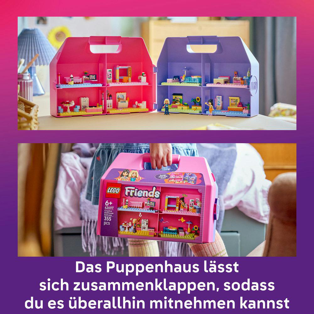 Zwei LEGO Friends Puppenhäuser, eins rosa, eins lila, und eine geschlossene Kofferversion.