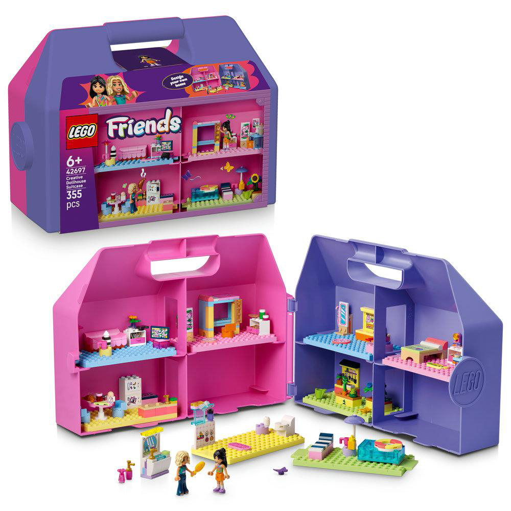 LEGO Friends Kreativhaus-Koffer-Set mit offenen, pinken und lila Hausbereichen und Figuren.