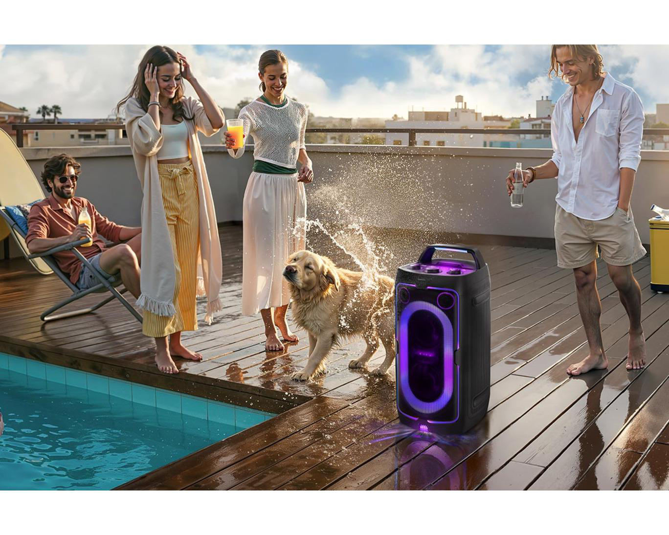 Freunde feiern auf einer Dachterrasse mit einem Hund, Lautsprecher und Pool.
