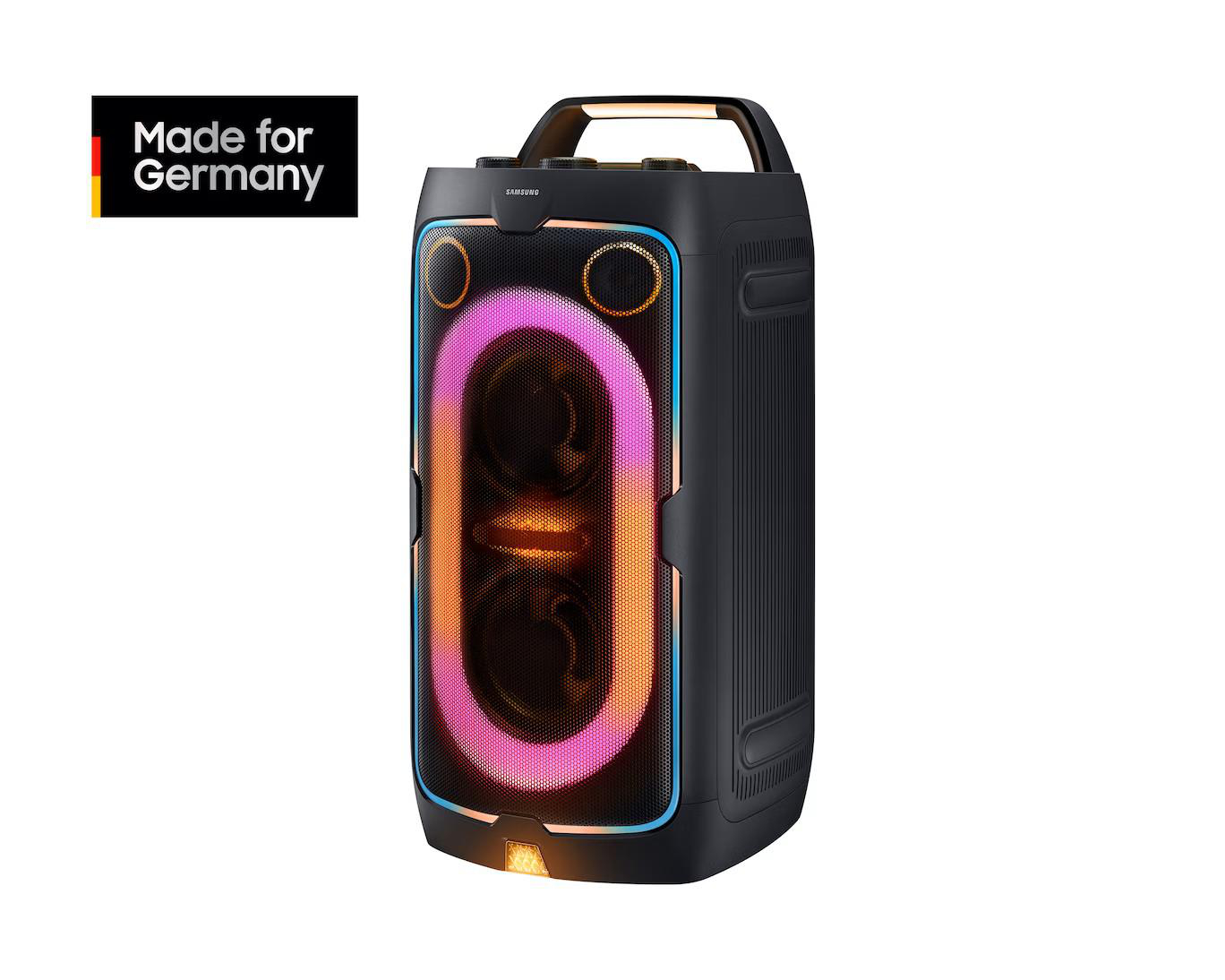 Schwarzer Samsung Lautsprecher mit beleuchtetem Ring und Tragegriff.