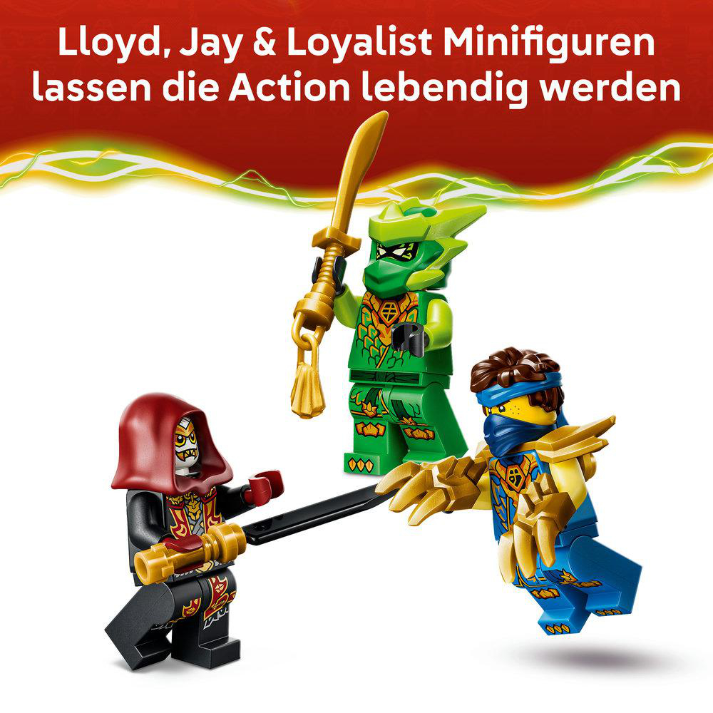 Drei Ninjago-Minifiguren in Aktion: eine rote, eine grüne und eine blaue.