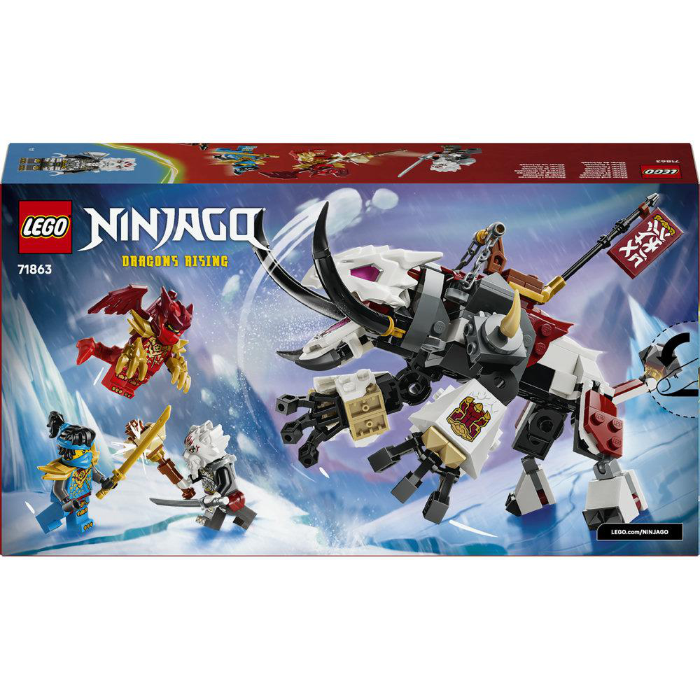 Lego Ninjago Boxart zeigt Minifiguren im Kampf gegen einen großen weißen und roten Drachen-Mech.
