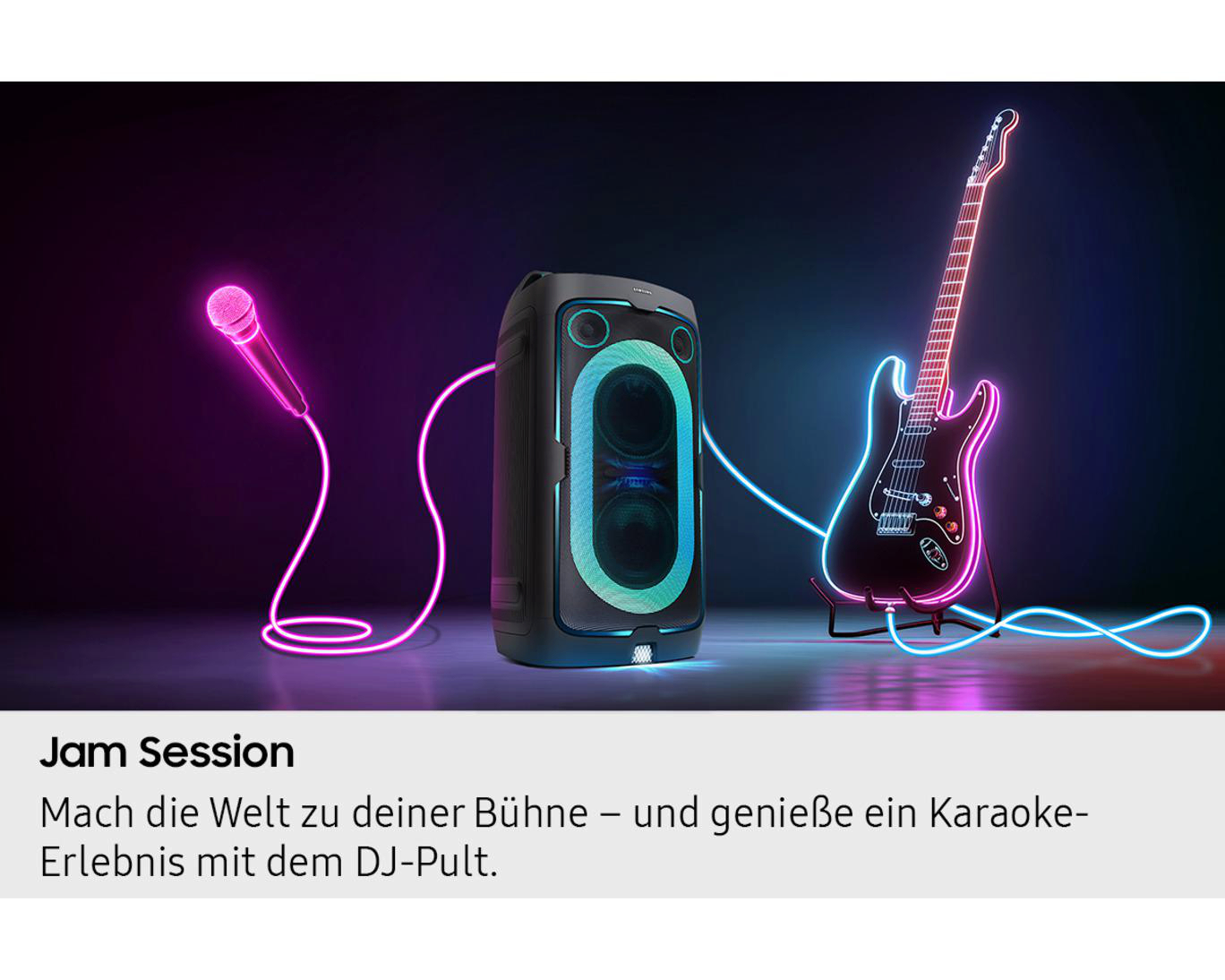 Ein DJ-Pult mit Mikrofon und Gitarre, beleuchtet in Neonfarben.