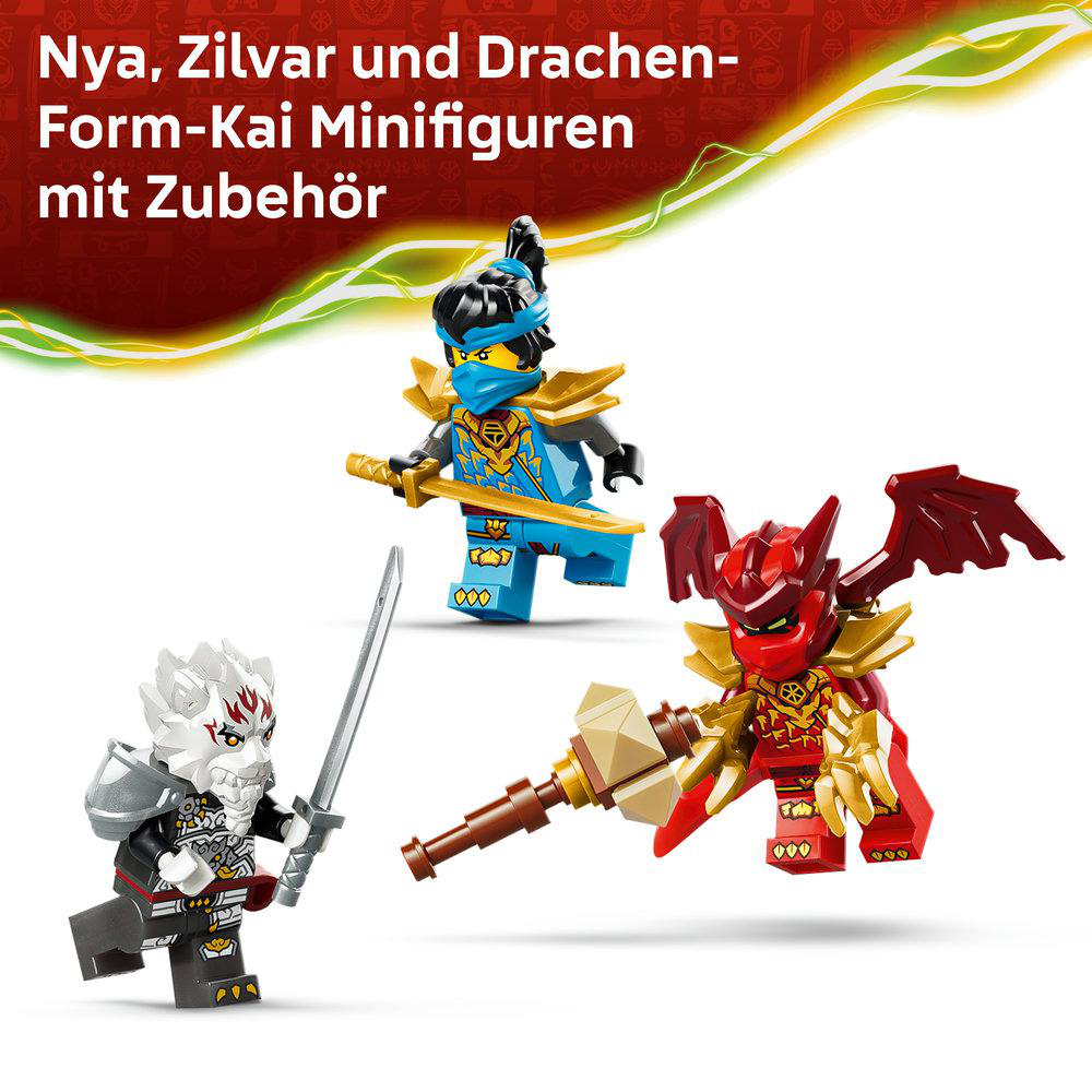 Drei Ninjago-Minifiguren: ein Wolf, ein Drache und eine Frau in Blau.