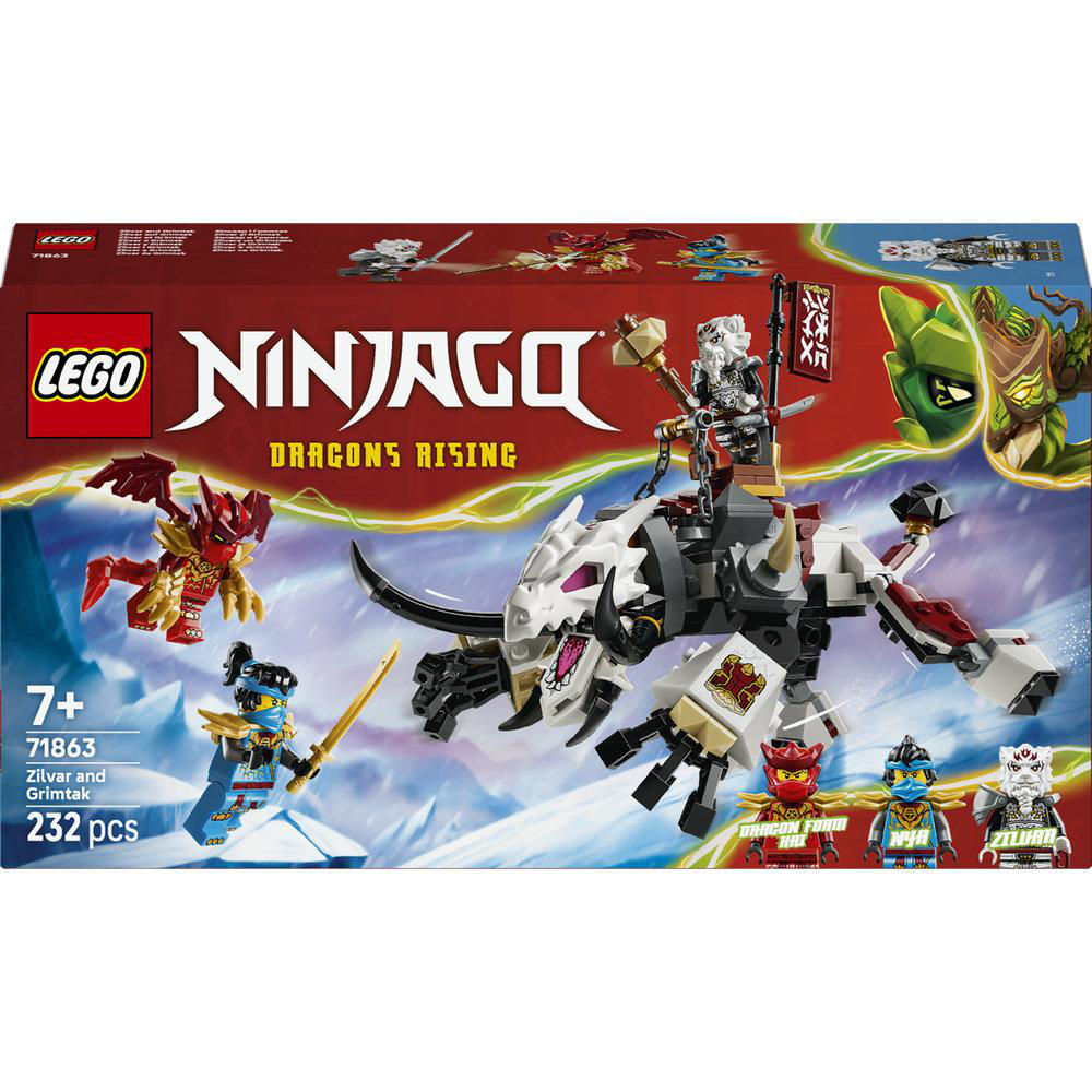 LEGO Ninjago Spielzeug-Set mit Drachen, Rittern und Figuren auf weißem Hintergrund.