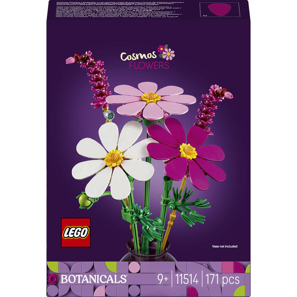 Lego-Set "Cosmos Flowers" mit weißen, pinken und violetten Blumen auf violettem Hintergrund.