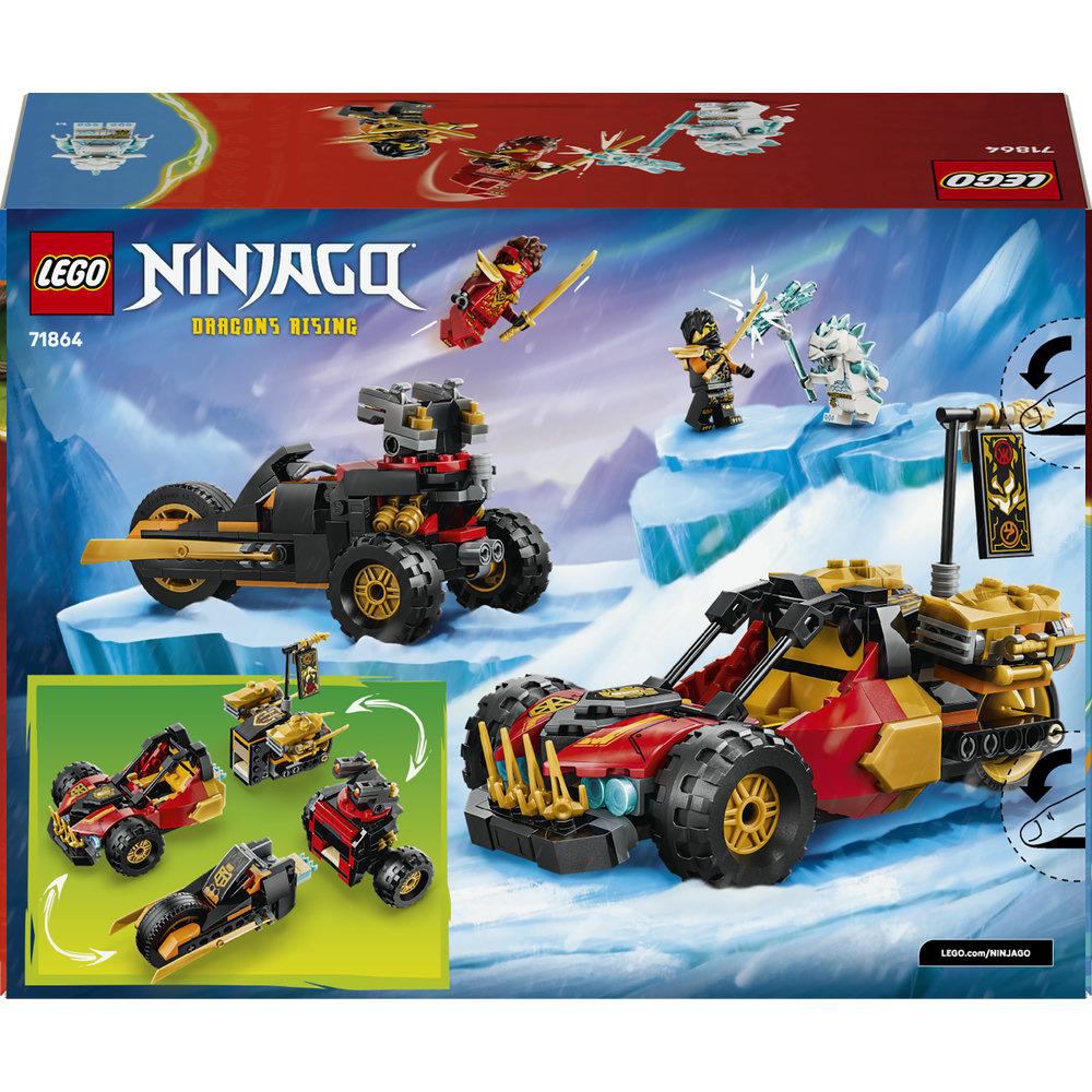 LEGO Ninjago Bauspielzeug mit Fahrzeugen und Minifiguren auf eisiger Landschaft.