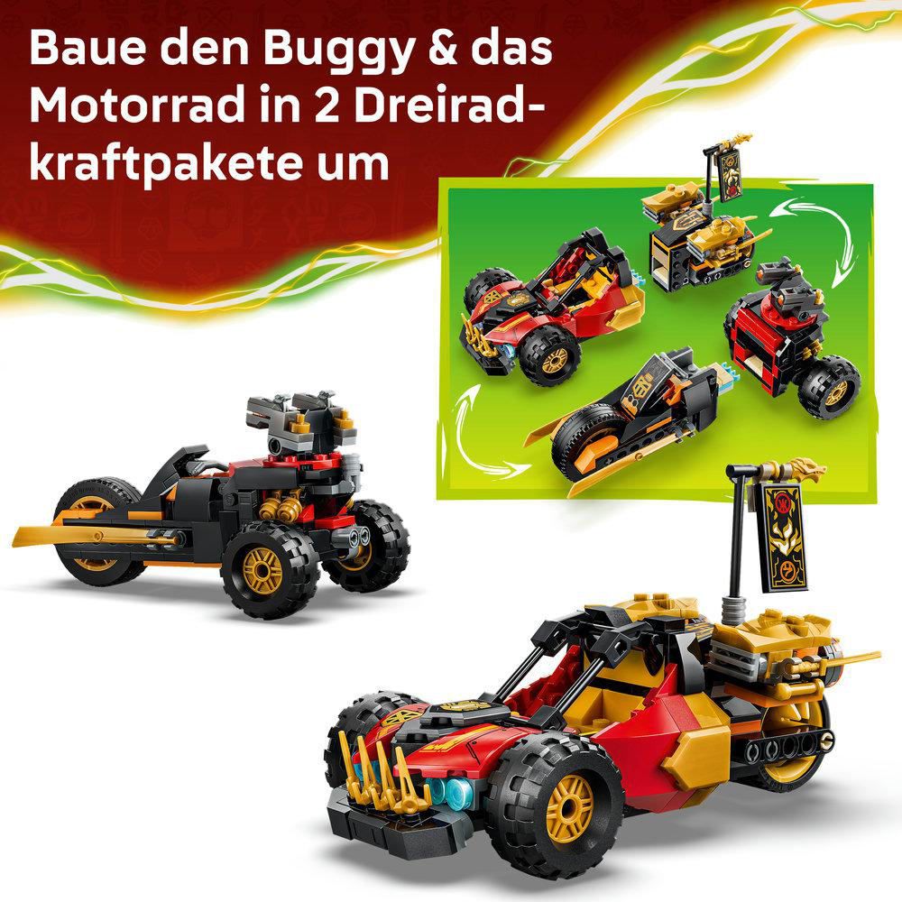 Bauen Sie den Buggy und das Motorrad in 2 Dreirad-Kraftpakete um.