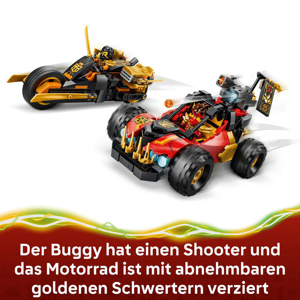 Ein roter Buggy mit goldenen Akzenten und ein gelbes Motorrad mit goldenen Akzenten.