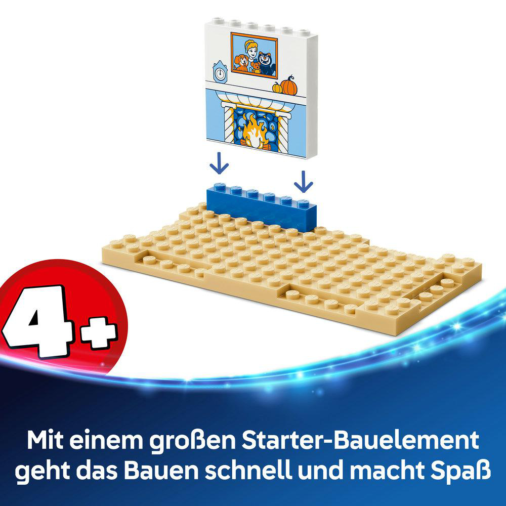 Lego Bausteine, ein Kaminstück und eine Grundplatte werden gezeigt.