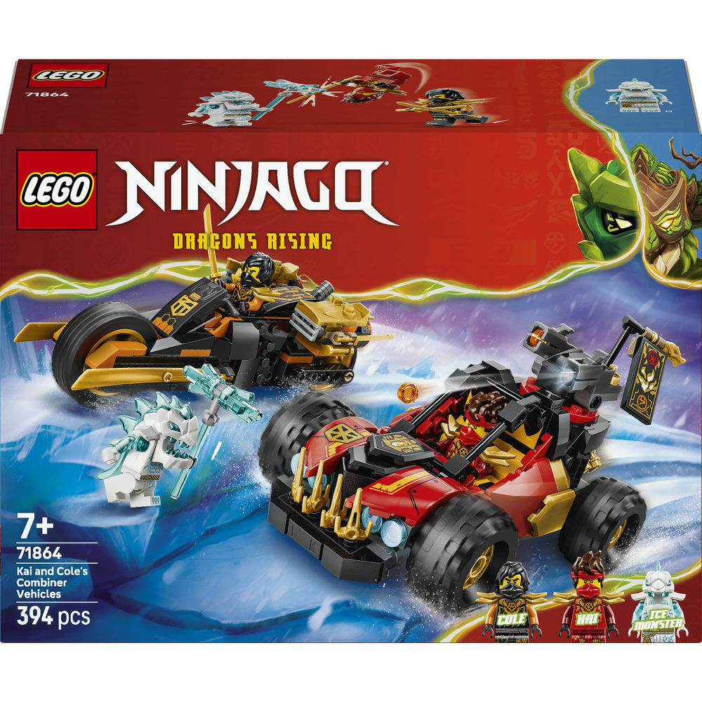 LEGO Ninjago Kartenset mit 2 Fahrzeugen, 4 Figuren und 394 Teilen.