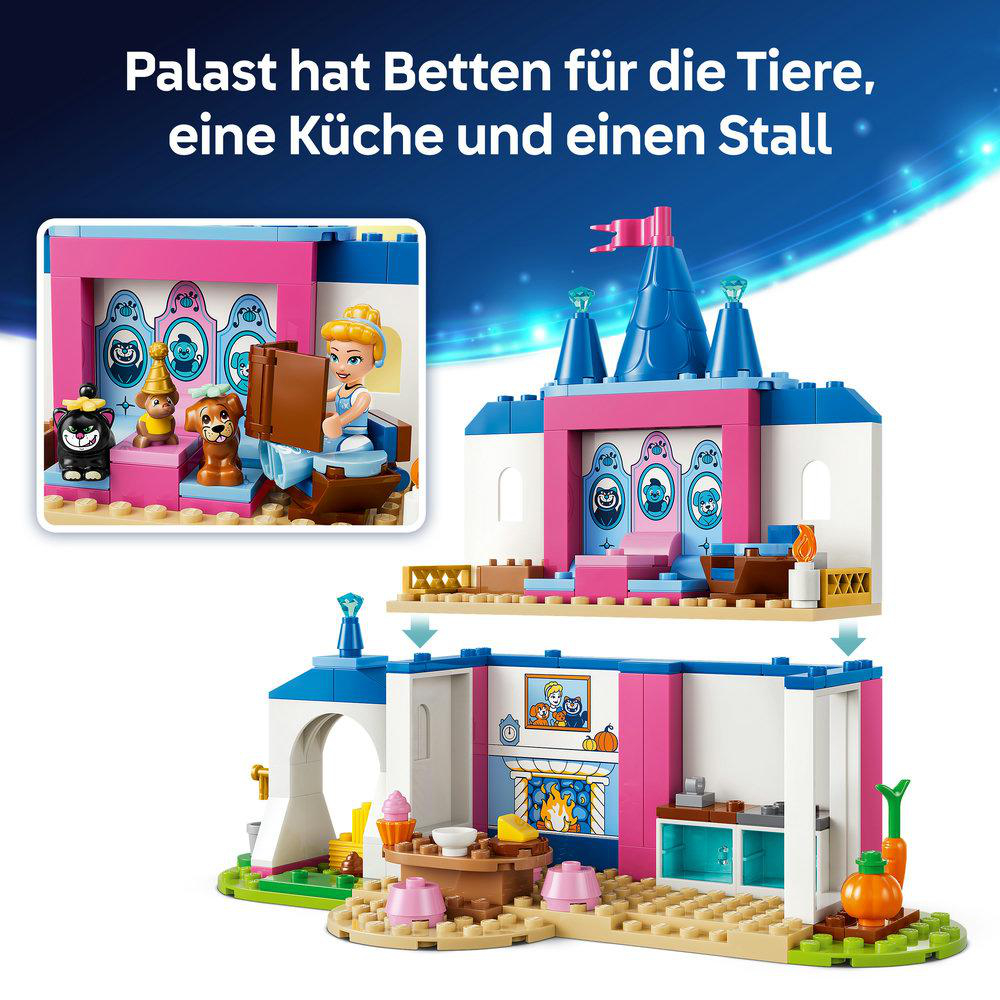 Ein farbenfrohes Spielzeugschloss mit Tieren, einer Küche und einem Stall.