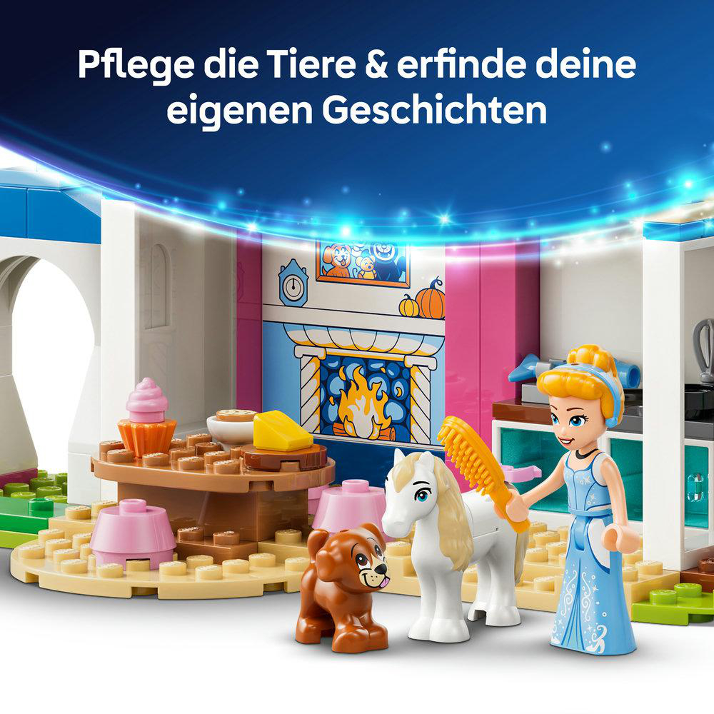 Prinzessin bürstet Pferd mit Hund und Kuchen neben Kamin.