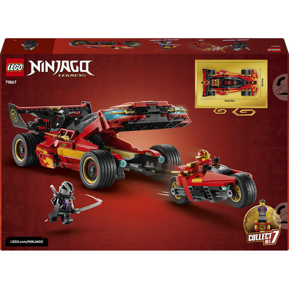 LEGO Ninjago Legacy Set mit rotem Auto, Motorrad und Figuren. Kartonkunst.