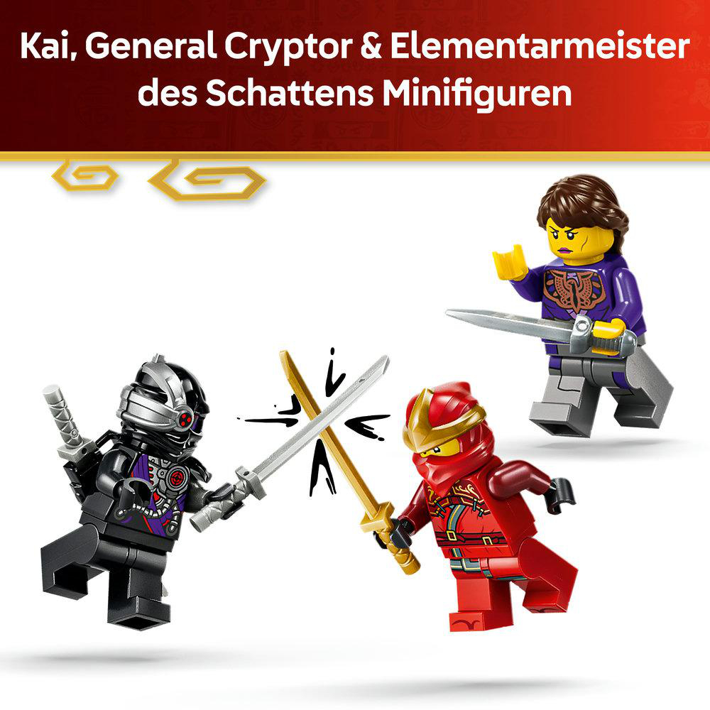Drei Ninjago-Minifiguren kämpfen mit Schwertern, eine rote, eine silberne und eine violette.