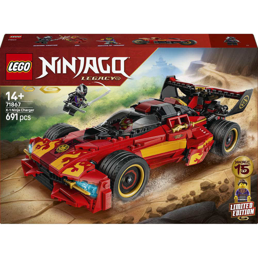 LEGO Ninjago X-1 Ninja Charger Spielzeugauto mit Flammenmuster und Minifiguren.