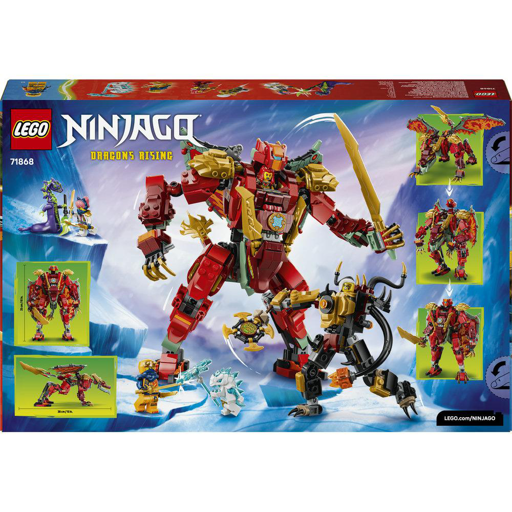 Lego Ninjago Bausatz mit roten und goldenen Robotern in eisiger Landschaft.