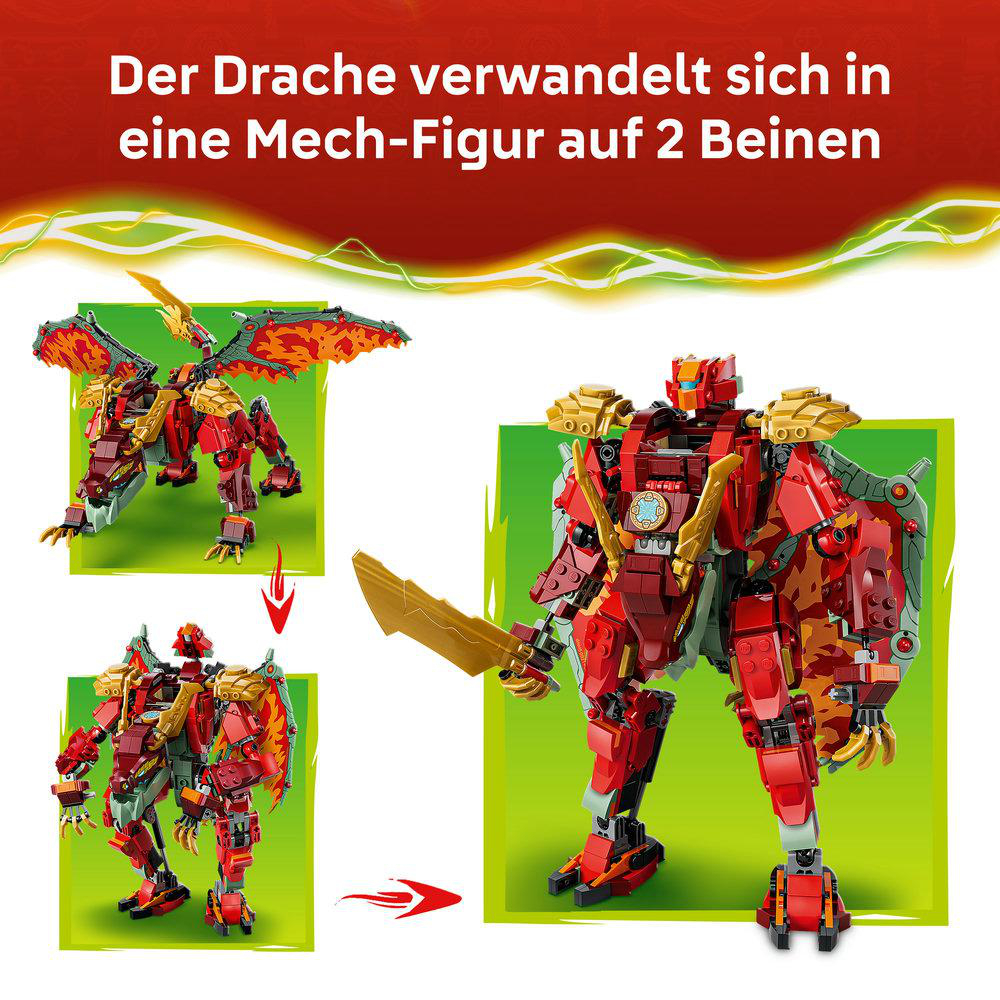 Ein Drache verwandelt sich in eine rote und goldene Mech-Figur mit Schwert.