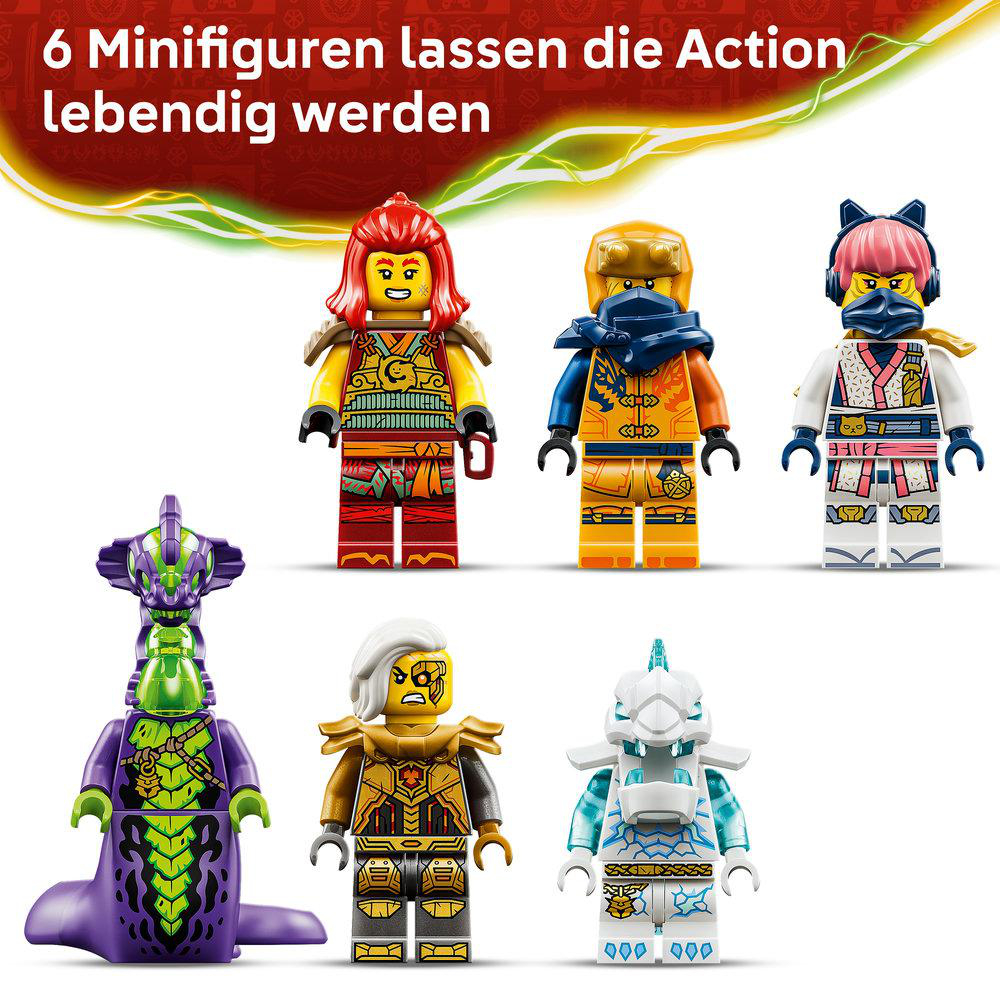 Sechs bunte Lego-Minifiguren in verschiedenen Outfits und Farben.