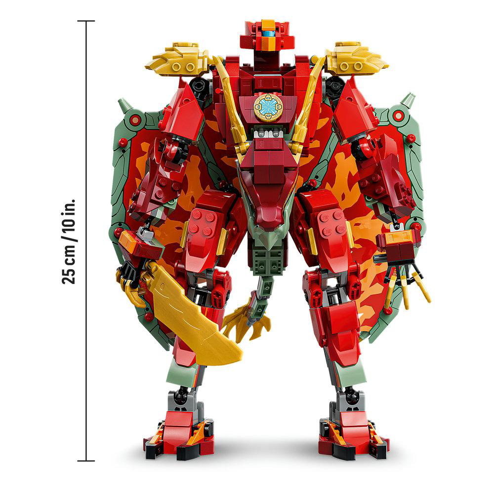 Ein roter und grüner Lego-Drachenroboter mit goldenen Akzenten und Flügeln.