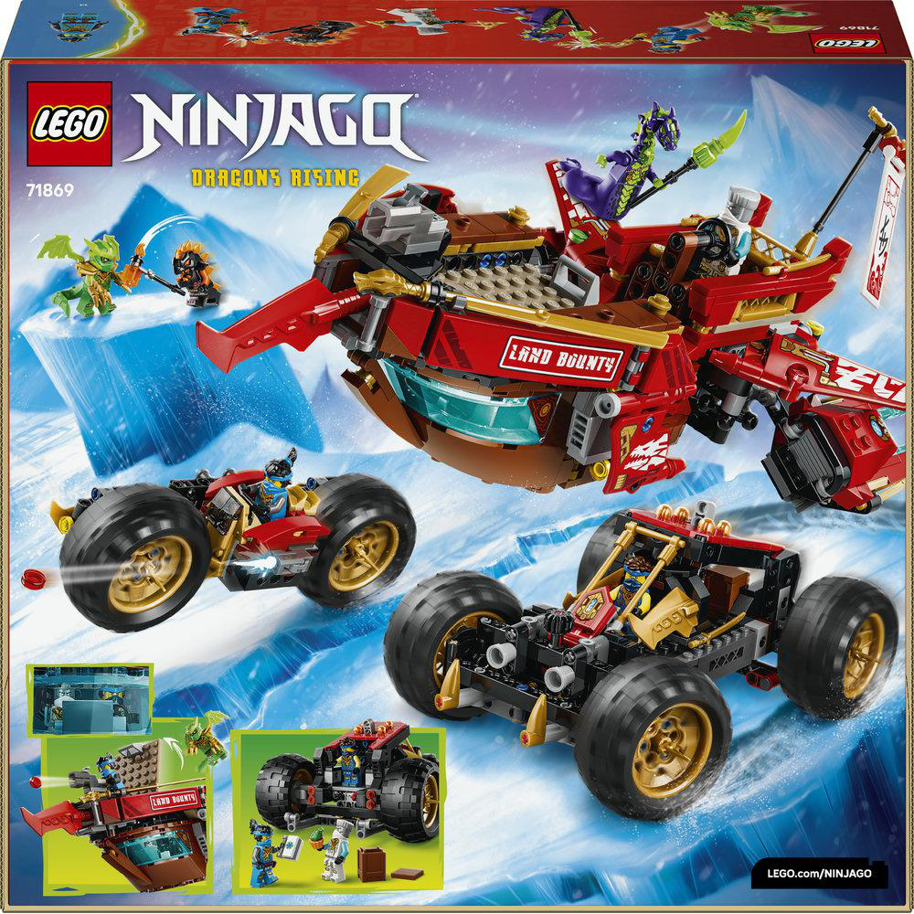 LEGO Ninjago: Drachenaufstieg mit Fahrzeugen und Figuren auf Eis.