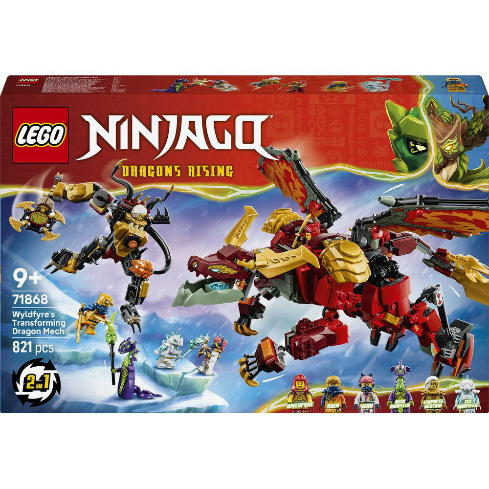 LEGO Ninjago Karton mit Drachen Mech, Minifiguren und 821 Teilen.