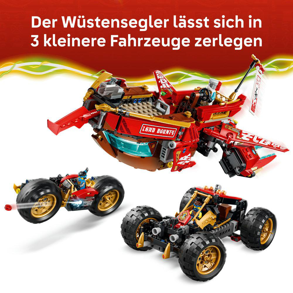 Ein rotes Lego-Fahrzeug zerlegt in drei kleinere Fahrzeuge auf weißem Hintergrund.