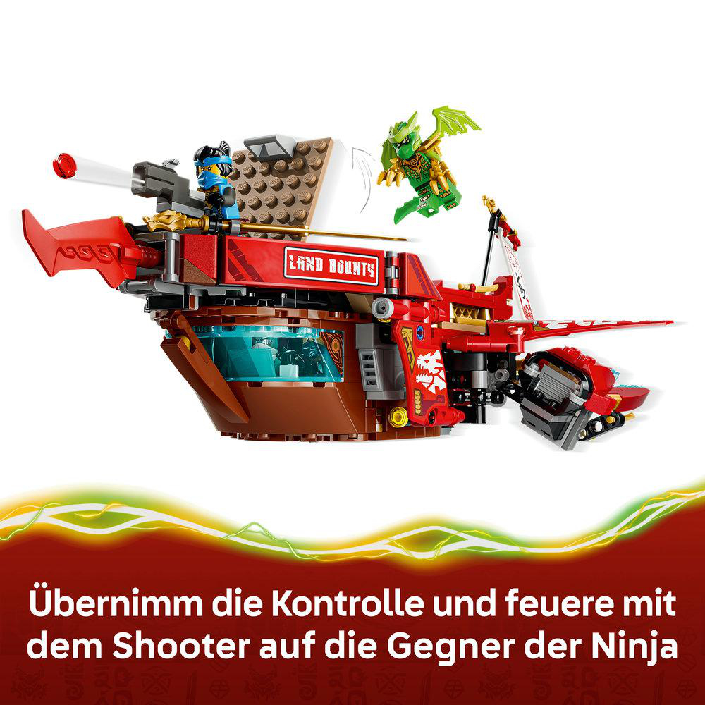 Ein rotes Lego-Schiff namens Land Bounty mit einer grünen Drachenfigur.