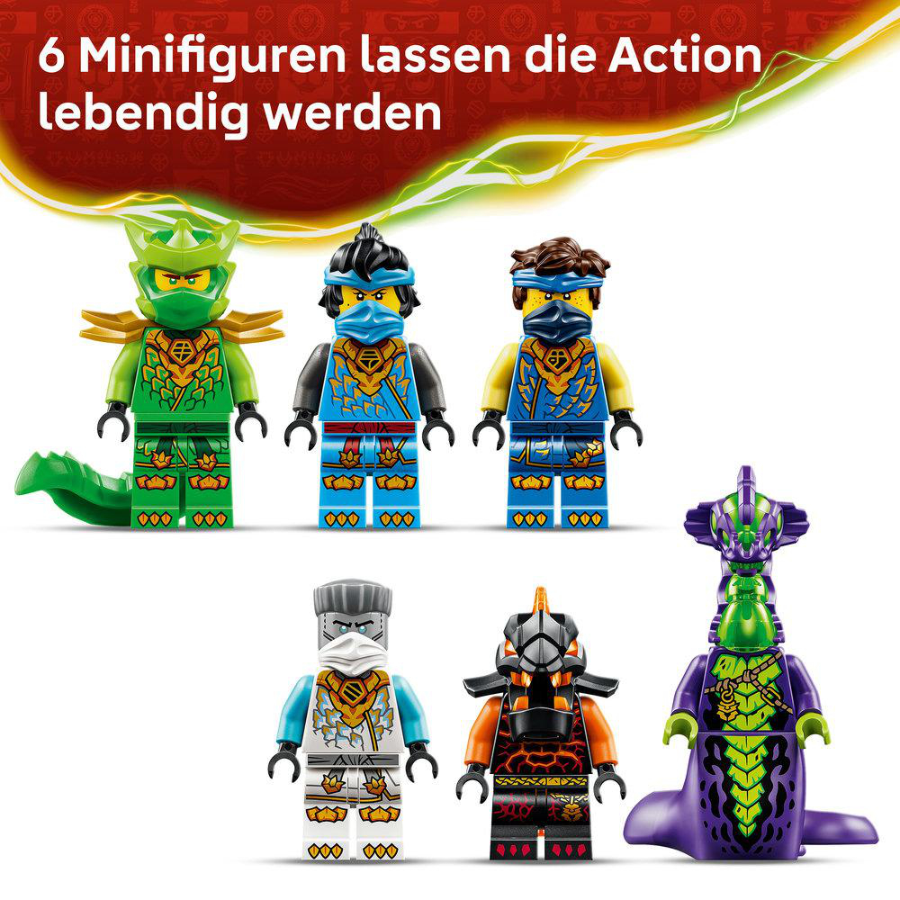 Sechs Ninjago-Minifiguren in verschiedenen Farben und Designs auf weißem Hintergrund.