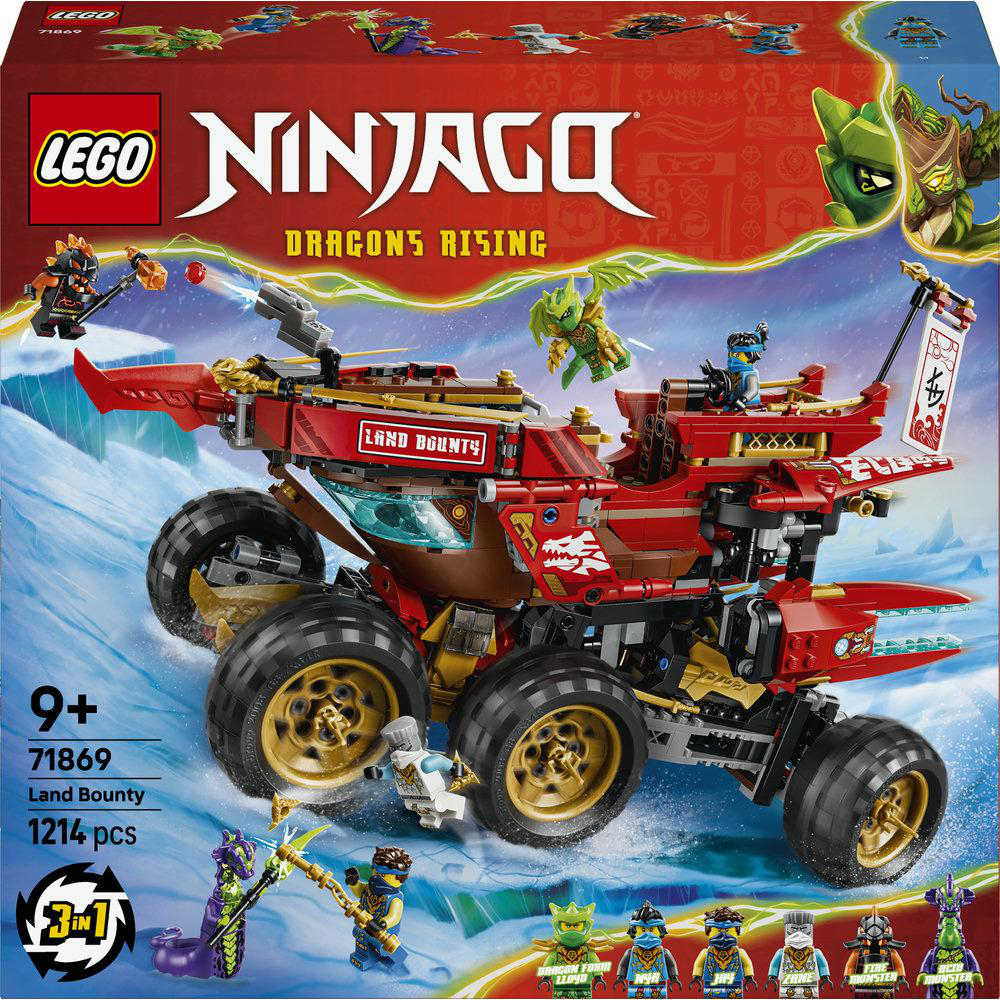 Lego Ninjago Dragons Rising Land Bounty Spielset mit 4 Figuren und großem rotem Fahrzeug.