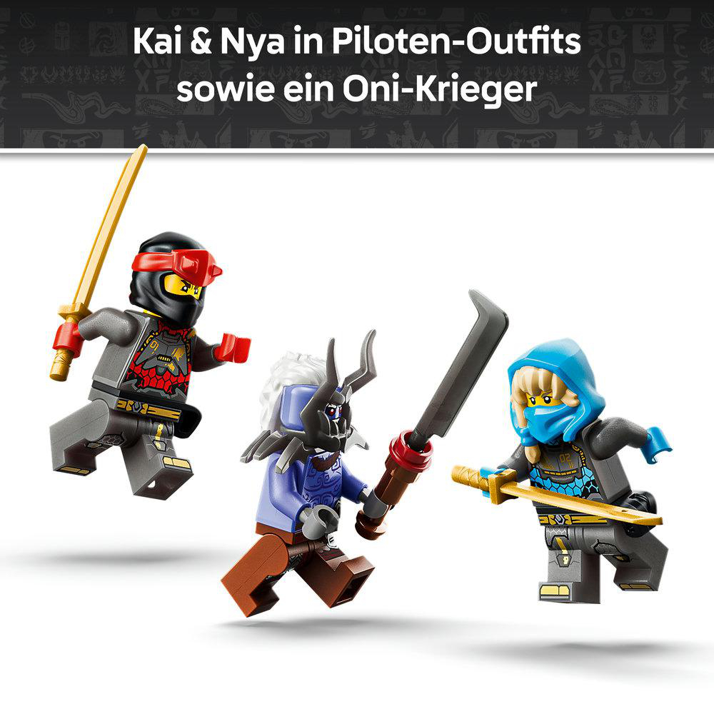 Drei Ninjago-Figuren: Kai, Nya und ein Oni-Krieger mit Waffen.