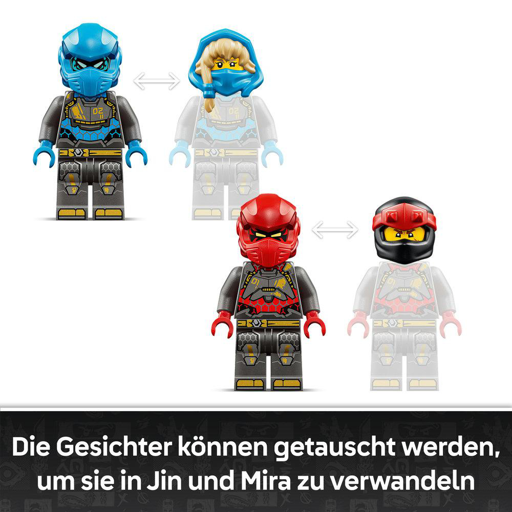 Vier Lego-Minifiguren, zwei vorn, zwei transparent. Gesichter austauschbar.